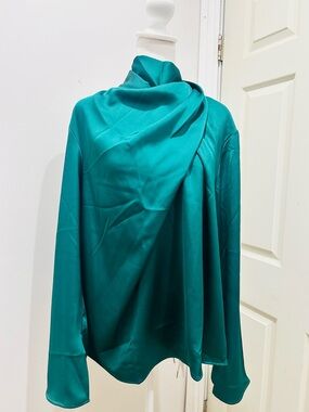 H&M Teal Satin Draped Cowl-Neck Blouse